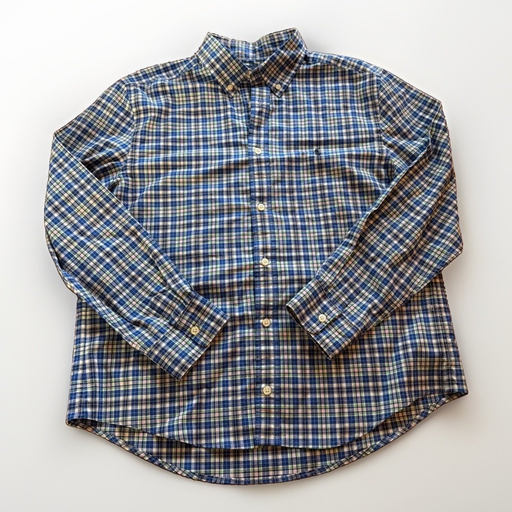 Ralph Lauren Natural Stretch Boys XL 18-20 Blue Green Checked Navy Horse